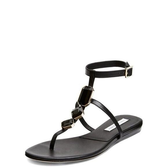 Diane von Furstenberg Black T-Strap Leather Sandals Gem Detail Size 9 - Picture 1 of 9